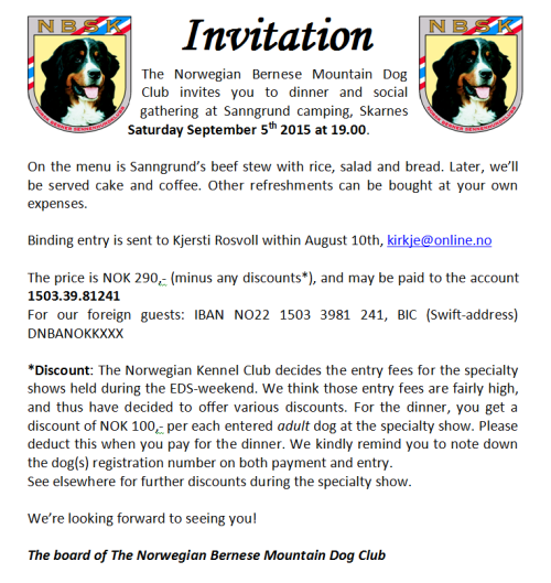 Invitation to the dinner on September 5th 2015